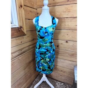 Jolibel Blue Floral Ruched Sheath Dress Sleeveless Size 8 1M-8396